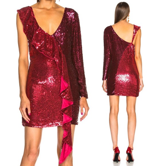 Retrofete Dresses & Skirts - RETROFETE Wendy Sequin Two Tone Pink & Red One Sleeve Mini Dress US Small